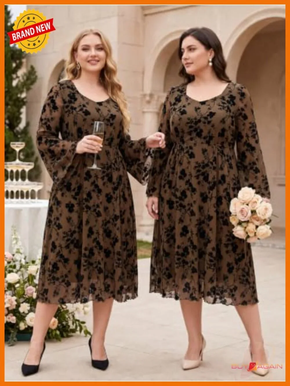 Plus Size Midi Floral Dress Long Sleeve A-Line V-Neck Formal